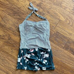 Striped and Floral Halter Swimsuit Romper